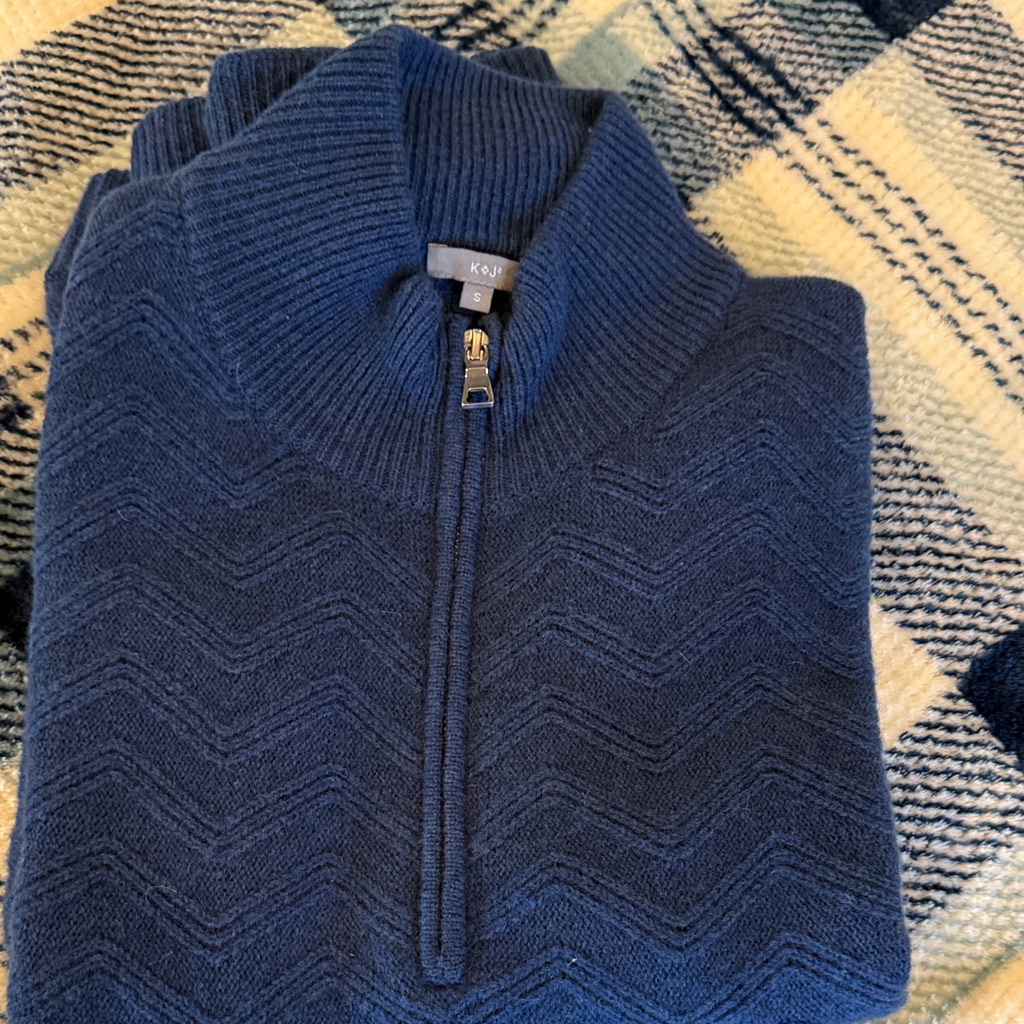 K+J 100% Cashmere Quarter-Zip Sweater Blue Chevron Knit Size S Msrp ~$300